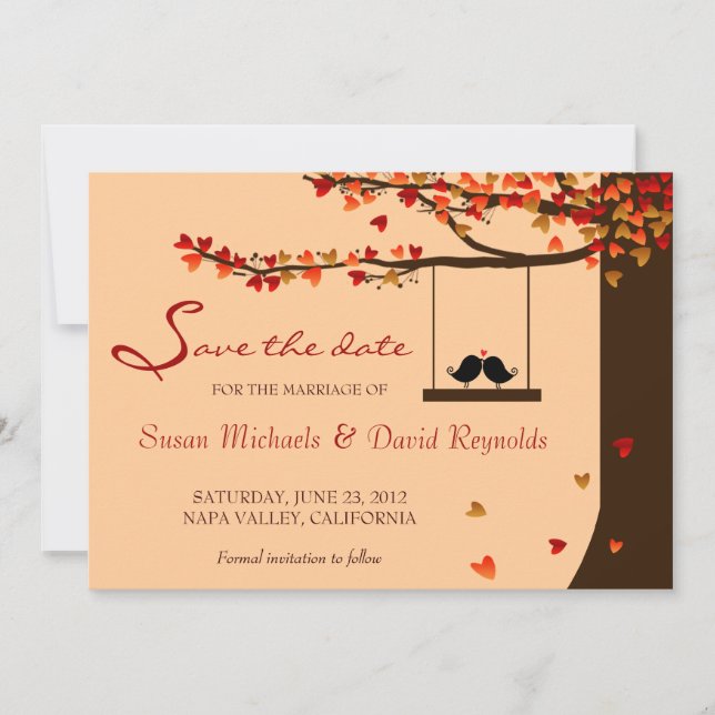 Love Birds Falling Hearts Oak Tree Save the Date (Front)