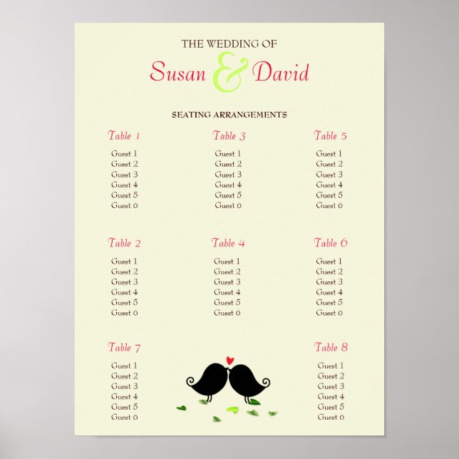 Love Birds Falling Hearts Oak Tree Seating Chart (Front)