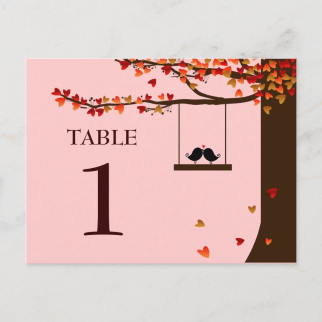 Love Birds Falling Hearts Oak Tree Table Number Postcard (Front)