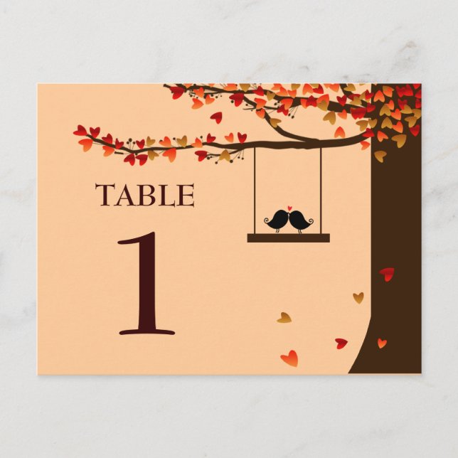 Love Birds Falling Hearts Oak Tree Table Number Postcard (Front)