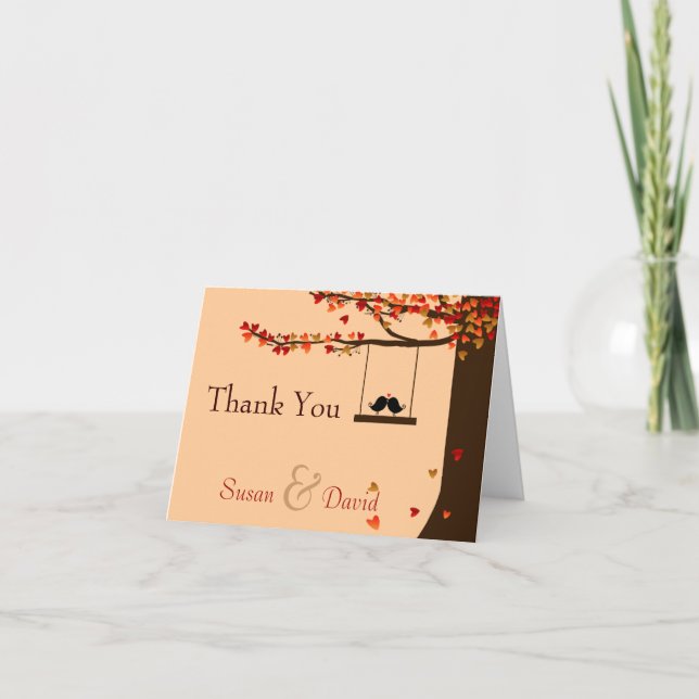 Love Birds Falling Hearts Oak Tree Thank You Note Card (Front)