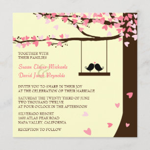 Love Birds Falling Hearts Oak Tree Wedding Invite