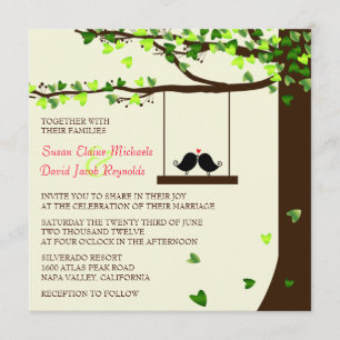 Love Birds Falling Hearts Oak Tree Wedding Invite