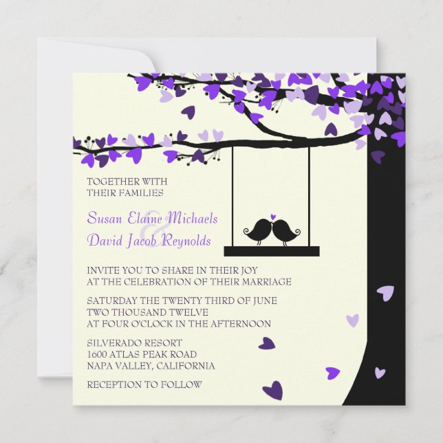 Love Birds Falling Hearts Oak Tree Wedding Invite (Front)