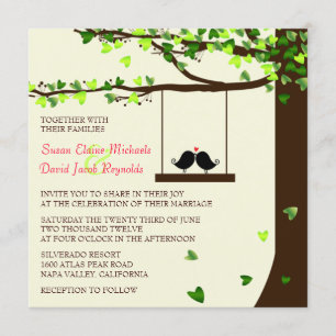 Love Birds Falling Hearts Oak Tree Wedding Invite