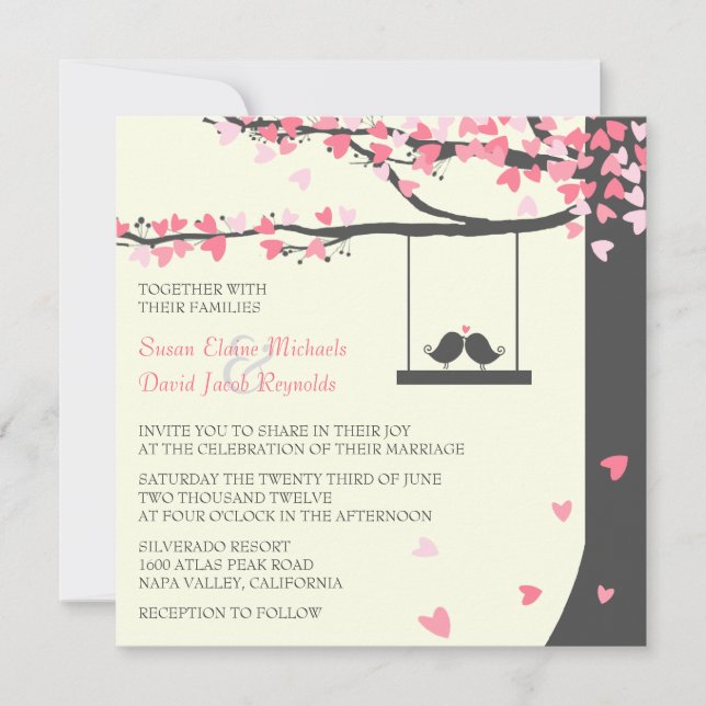 Love Birds Falling Hearts Pink Grey Oak Tree Invitation (Front)