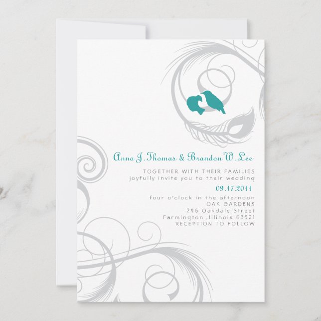 Love Birds & Feather - Teal and Navy Invitation (Front)