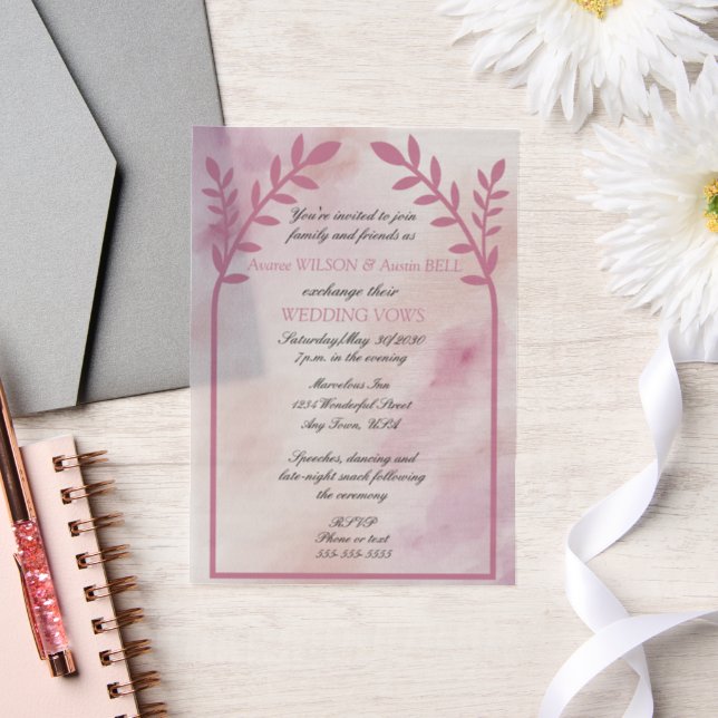 Love Birds Floral Arch Pink Wedding  Vellum Invitations (Wedding)