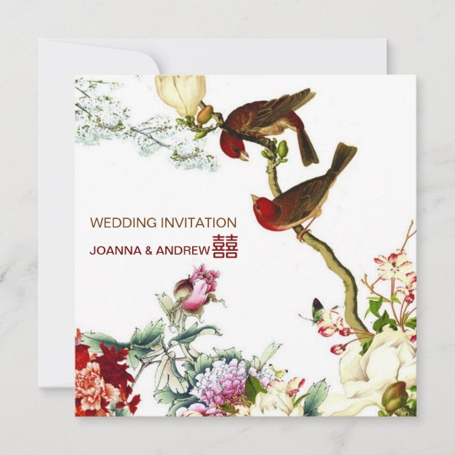 Love Birds Flourishing Flowers Chinese Wedding © Invitation (Front)