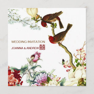 Love Birds Flourishing Flowers Chinese Wedding © Invitation