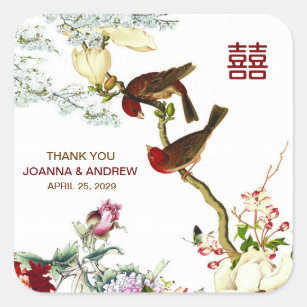 Love Birds & Flowers Chinese Wedding Thank You © Square Sticker