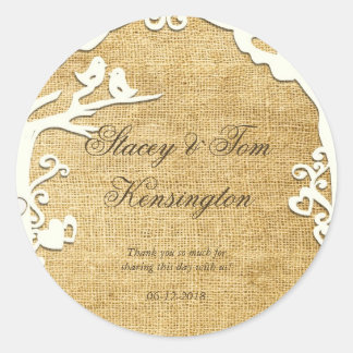 Love Birds Forever on Burlap Classic Round Sticker
