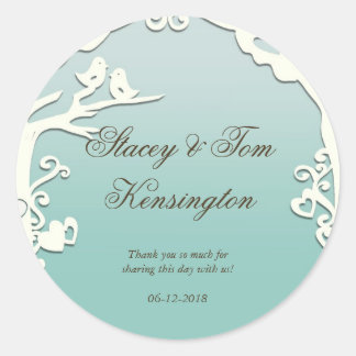 Love Birds Forever on Pastel Ocean Blue Classic Round Sticker