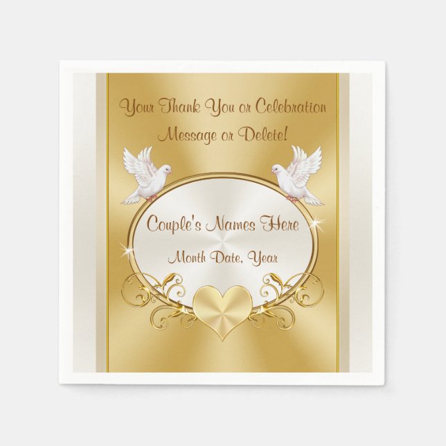 Love Birds Gold Wedding Napkins Personalised (Front)