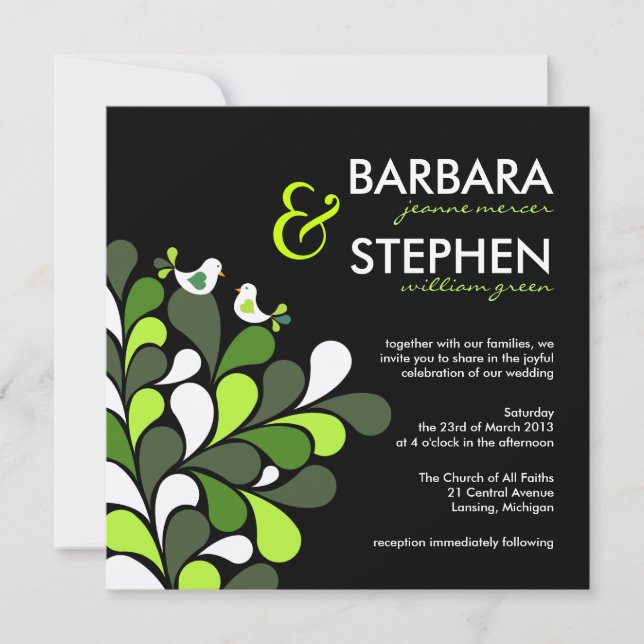 Love Birds - Green Black Felt Wedding Invitations (Front)