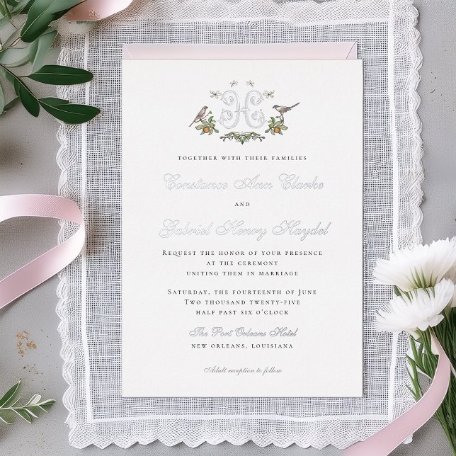 Love Birds "H" Monogram Foil Wedding Invitation (Creator Uploaded)