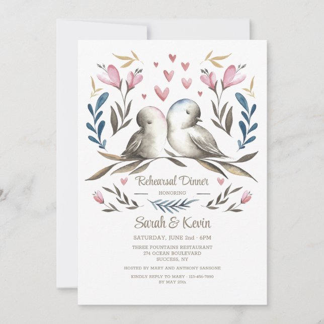 Love Birds Hand-Drawn Rehearsal Dinner Invitation (Front)