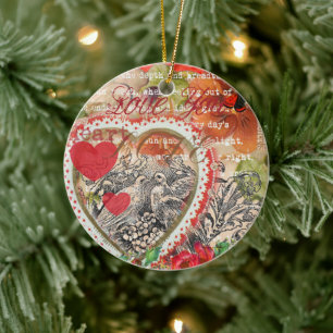 Love Birds Heart Red Art Collage Ceramic Tree Decoration
