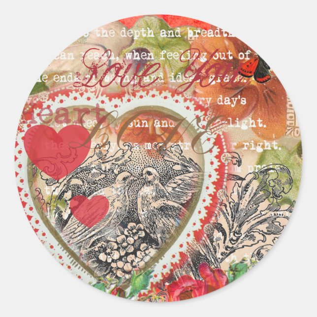 Love Birds Heart Red Art Collage Classic Round Sticker (Front)