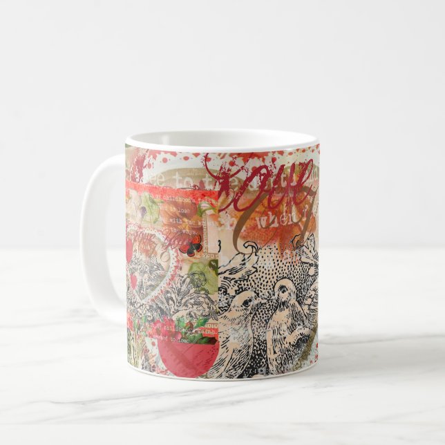 Love Birds Heart Red Art Collage Coffee Mug (Front Left)