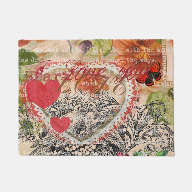 Love Birds Heart Red Art Collage Doormat (Front)