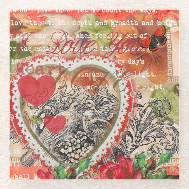 Love Birds Heart Red Art Collage Glass Coaster (Front)