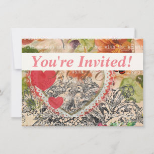Love Birds Heart Red Art Collage Invitation