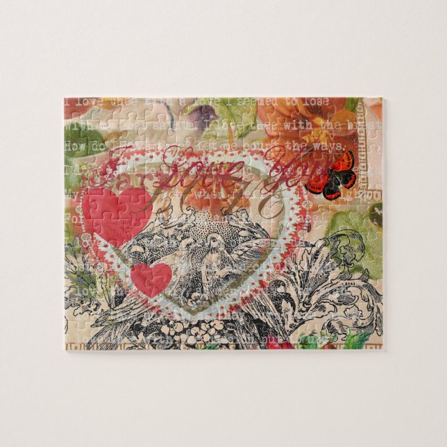 Love Birds Heart Red Art Collage Jigsaw Puzzle (Horizontal)