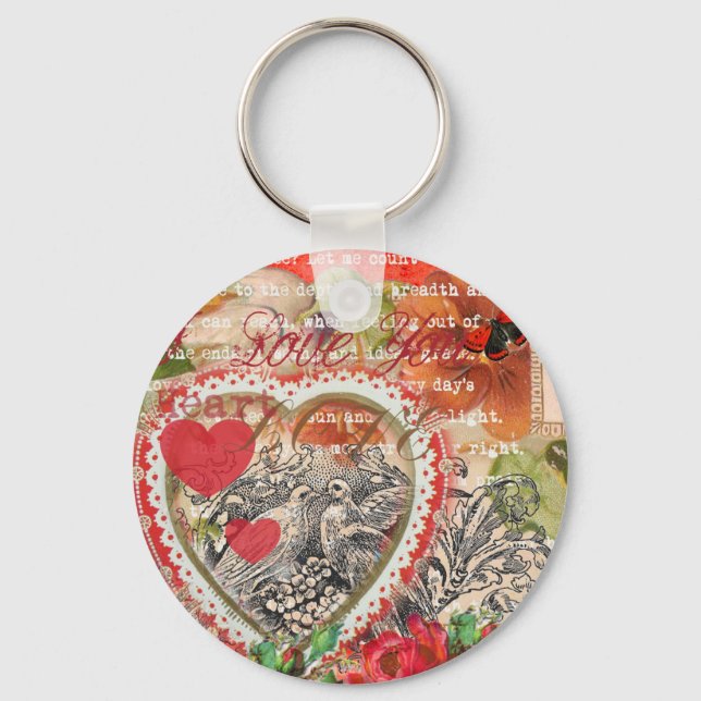 Love Birds Heart Red Art Collage Key Ring (Front)