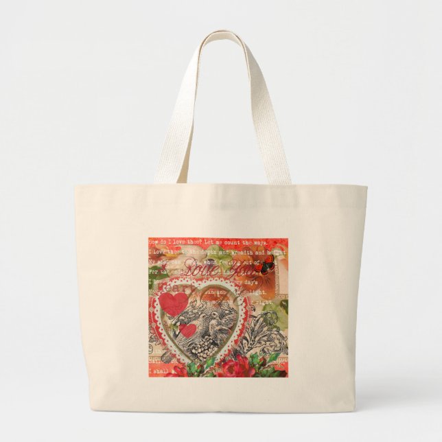 Love Birds Heart Red Art Collage Large Tote Bag (Front)
