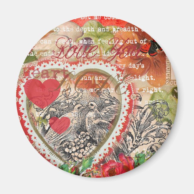 Love Birds Heart Red Art Collage Magnet (Front)