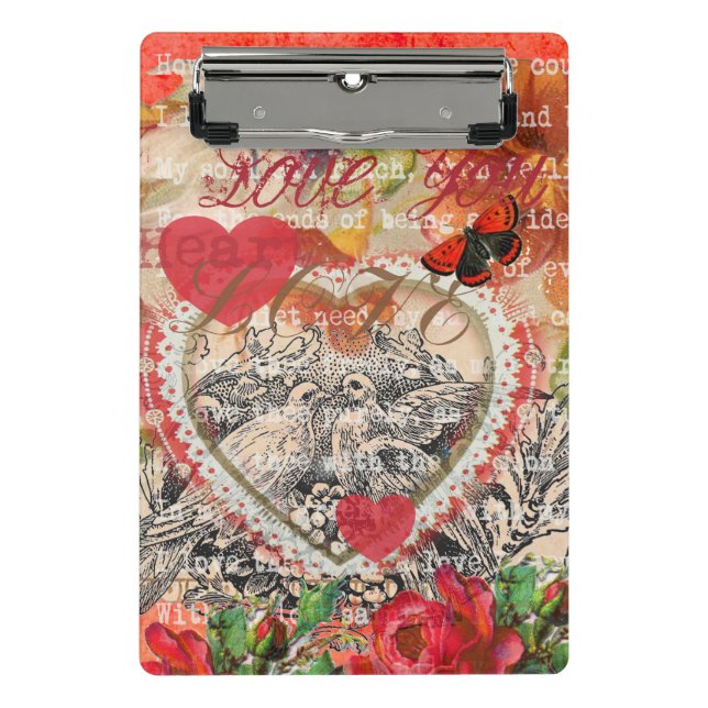 Love Birds Heart Red Art Collage Mini Clipboard (Front)
