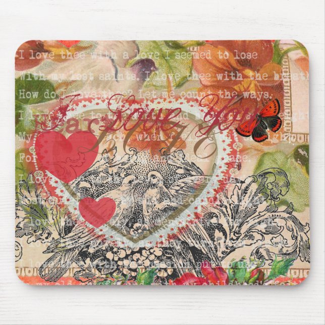 Love Birds Heart Red Art Collage Mouse Mat (Front)