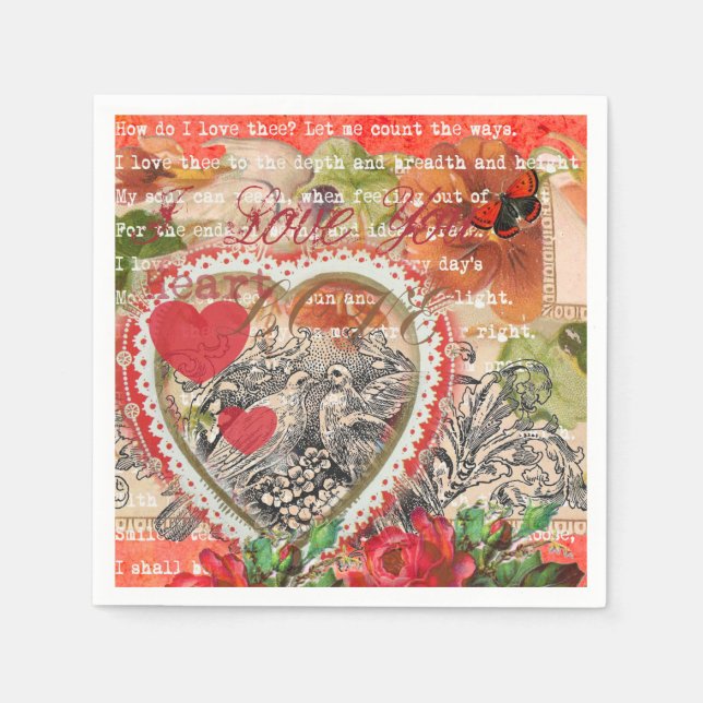 Love Birds Heart Red Art Collage Napkin (Front)