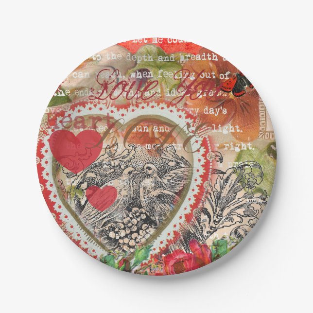 Love Birds Heart Red Art Collage Paper Plate (Front)