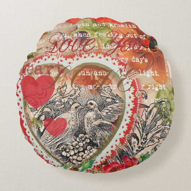 Love Birds Heart Red Art Collage Round Cushion (Front)