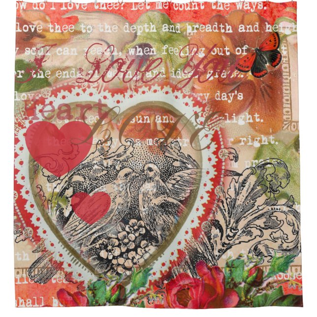 Love Birds Heart Red Art Collage Shower Curtain (Front)