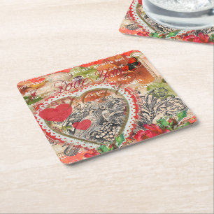 Love Birds Heart Red Art Collage Square Paper Coaster