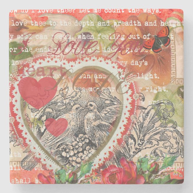 Love Birds Heart Red Art Collage Stone Coaster (Front)
