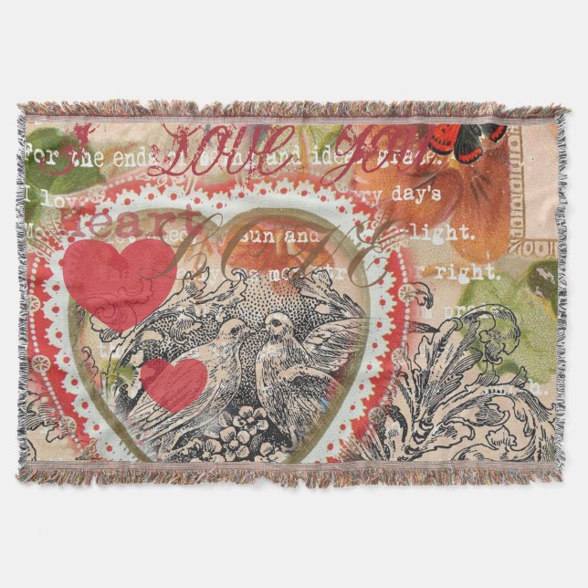Love Birds Heart Red Art Collage Throw Blanket (Front)