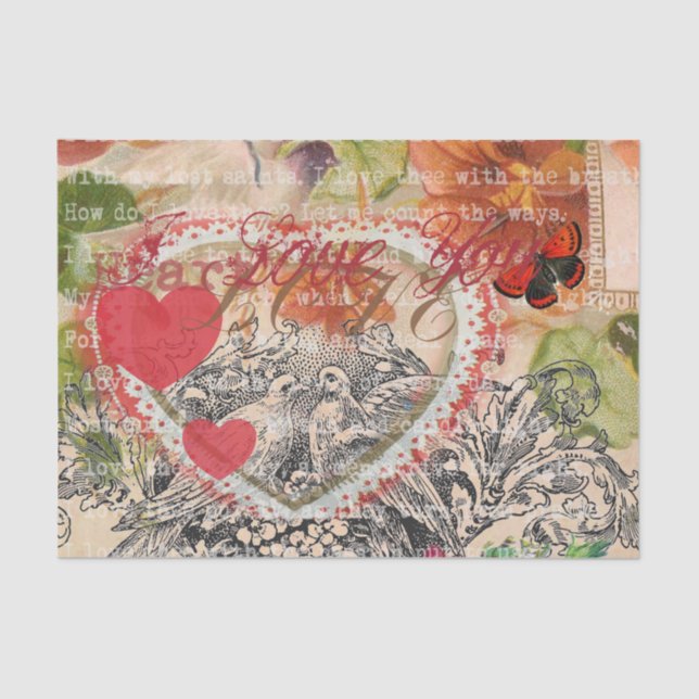 Love Birds Heart Red Art Collage Tissue Paper (Front)
