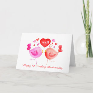 Love birds heart red pink 1st Anniversary art card
