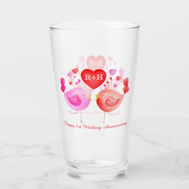 Love birds heart red pink 1st Anniversary art Glass (Back)