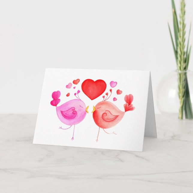 Love birds heart red pink Valentines art card (Front)