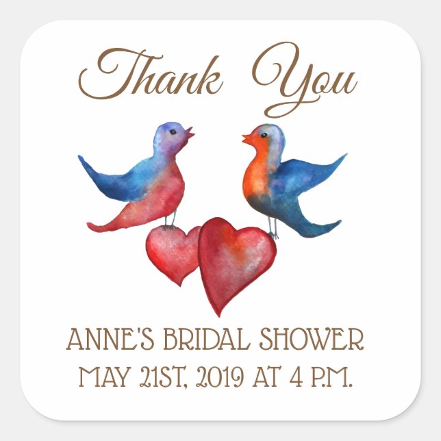 Love Birds , Hearts Bridal  Shower Square Stickers (Front)