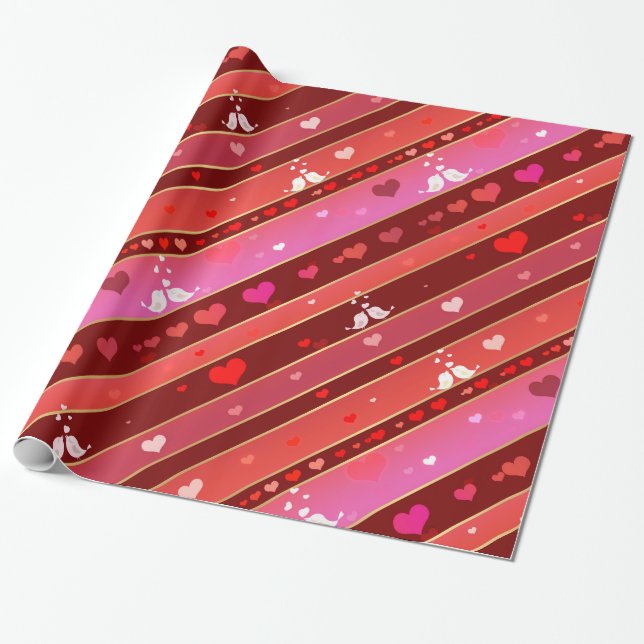 Love Birds Hearts Valentine Pattern Wrapping Paper (Unrolled)