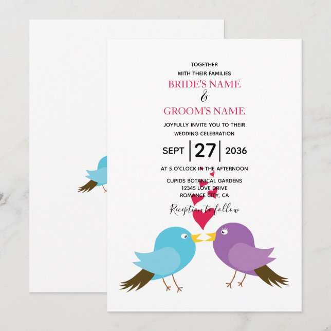 Love Birds & Hearts Wedding Invitations (Front/Back)