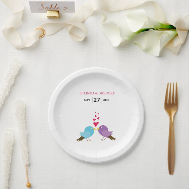 Love Birds & Hearts Wedding Paper Plate (Wedding)