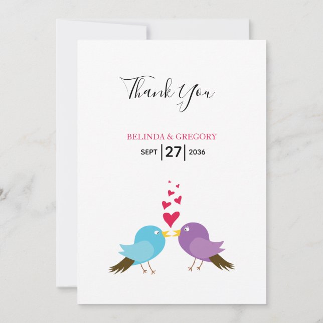 Love Birds & Hearts Wedding Thank You Card (Back)