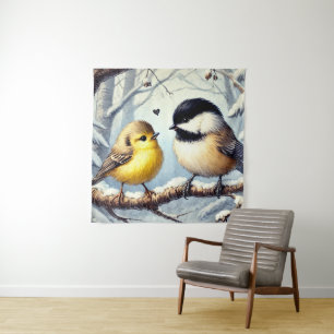 Love Birds In a Frozen Winter Decor Tapestry